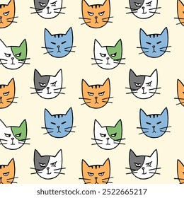 Fun seamless pattern of angry cat heads on beige background. Colorful flat hipster background. Cartoon style animal portrait drawing.