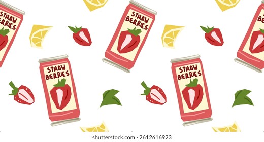 A fun seamless pattern with canned strawberry juice, lemon slices and leaves. Perfect for summer-themed packaging, textile design, kitchen decor and healthy lifestyle visuals.