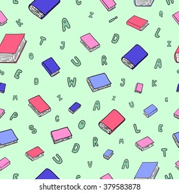 Fun seamless pattern with cartoon books. Can be used for wallpaper, pattern fills, greeting cards, webpage backgrounds, wrapping paper or fabric. Vector illustration. EPS 10.