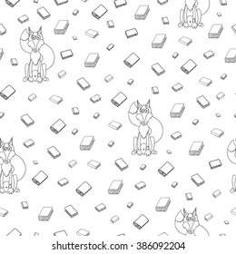 Fun seamless pattern with cartoon books and clever fox in glasses. Can be used for wallpaper, pattern fills, greeting cards, webpage backgrounds, wrapping paper or fabric. Vector illustration. EPS 10.