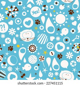 Fun seamless pattern with cats and different fun elements. Colorful kids wallpaper. Party vector background.