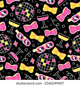 Fun seamless pattern with champagne glasses, disco spheres, bright sunglasses