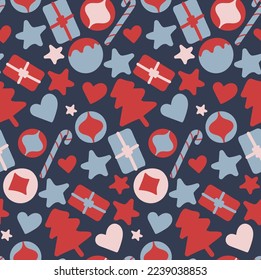 Fun seamless pattern of Christmas decorations and gifts in a festive mood. Perfect for wrapping paper, fabrics, stationery, accessories, gifting and more.