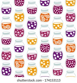 Fun seamless pattern with the colorful fruit jam jars. Shadeless plane ornate. Simple background with jam jars for decoration.