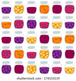 Fun seamless pattern with the colorful fruit jam jars. Shadeless plane ornate. Simple background with jam jars for decoration.