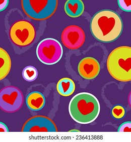 Fun seamless pattern with colorful little heart shapes in circles