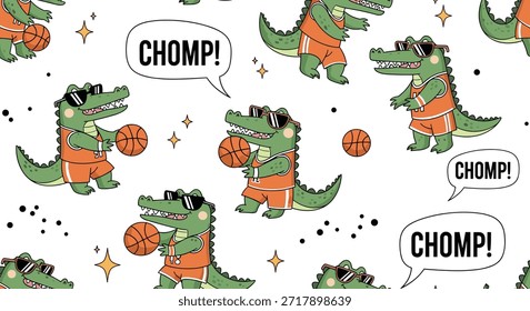 Fun seamless pattern with crocodiles in basketball jerseys, balls, and sunglasses, perfect for boys clothing and sports-themed decor.