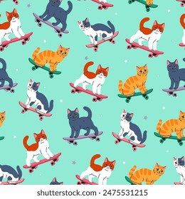 Fun seamless pattern with cute cats on skateboards. Vector graphics.