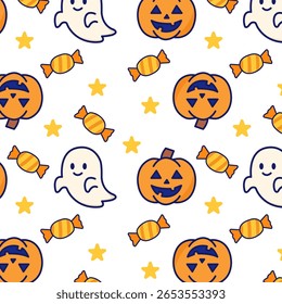 Padrão perfeito divertido com fantasmas bonitos, abóboras esculpidas, doces e estrelas. Perfeito para papel de embalagem de Halloween, convites de festa, artesanato infantil e decoração sazonal.