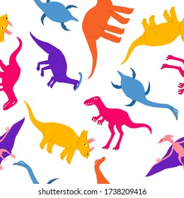 Fun seamless pattern with cute marine, flying and land dinosaurs. Large extinct reptile. Dino print design for kid textile, wrapping. Digital paper. Flat style drawing. Stock vector illustration.