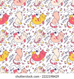 Patrón divertido y sin fisuras con gatos traviesos. Papel mural de dibujos animados con gatitos. Fondo con caracteres animales.