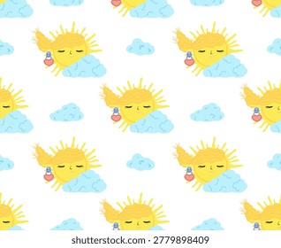A fun seamless pattern of cute suns peeking out from behind blue clouds. A lovely vector pattern for children's bedding, fabric, wallpaper, wrapping paper, textiles, and T-shirt printing.