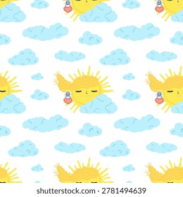 A fun seamless pattern with cute suns peeking out from behind blue clouds. A vector pattern suitable for children's bedding, fabrics, wallpaper, wrapping paper, textiles, and T-shirt printing.