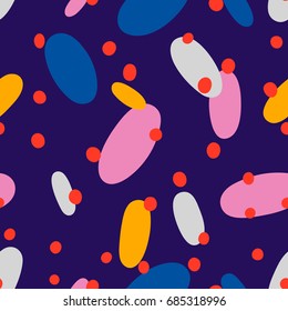 Fun Seamless Pattern With Different Elements. Multicolored Texture With Dots And Ovals. Stylized Confetti Background.