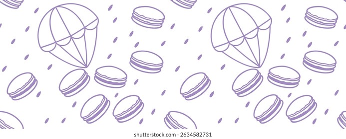 Fun seamless pattern of falling macarons with parachutes in a minimal line art style. Whimsical dessert design perfect for packaging, kids’ products, and bakery themes. Ideal for creative branding use