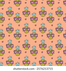 Fun seamless pattern featuring bright pineapples wearing pink heart-shaped sunglasses, accented with hearts on an orange background