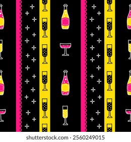 Fun seamless pattern featuring champagne bottles and glasses