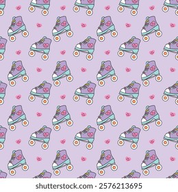 Fun seamless pattern featuring colorful retro roller skates with smiley faces and pink hearts on a pastel purple background