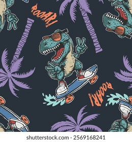 Fun seamless pattern featuring a cool T-Rex on a skateboard, palm trees, and "ROOAR!" text elements. Perfect for kids' clothing, accessories, and summer-themed designs.