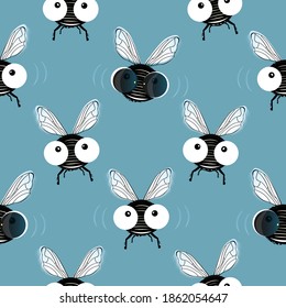 Fun seamless pattern of the flies with big eyes and flies in sunglasses