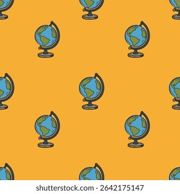 Fun seamless pattern with globes on bright orange background, ideal for kids educational or school themed designs. Vector art