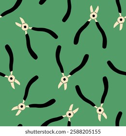 Fun seamless pattern with hand drawn pliers on a green background. Flat vector texture for textile, paper. Bold and simple design for tools shop, DIY and craft projects