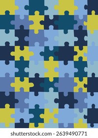 Fun seamless pattern with interlocking puzzle pieces in blue and yellow palette. Great for educational, playful, and kid-themed designs.