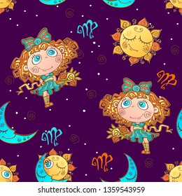 A fun seamless pattern for kids. Zodiac sign Virgo. Vector
