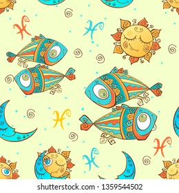 A fun seamless pattern for kids. Zodiac sign Pisces. Vector