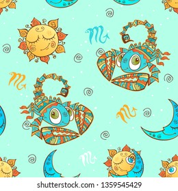 A fun seamless pattern for kids. Zodiac sign Scorpio. Vector