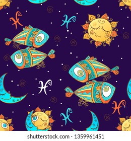 A fun seamless pattern for kids. Zodiac sign Pisces. Vector