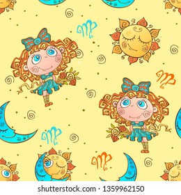 A fun seamless pattern for kids. Zodiac sign Virgo. Vector