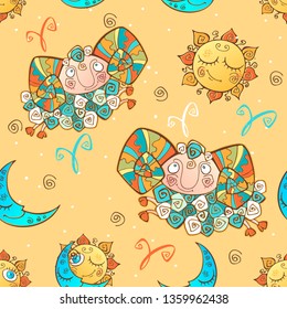 A fun seamless pattern for kids. Zodiac sign Aries. Vector