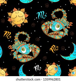 A fun seamless pattern for kids. Zodiac sign Scorpio.