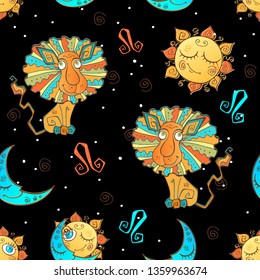 A fun seamless pattern for kids. Zodiac sign Leo. Vector