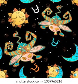 A fun seamless pattern for kids. Zodiac sign Taurus. Vector