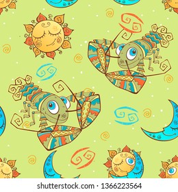 A fun seamless pattern for kids. Zodiac sign Cancer. Vector.