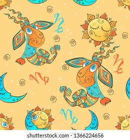 A fun seamless pattern for kids. Zodiac sign Capricorn. Vector.