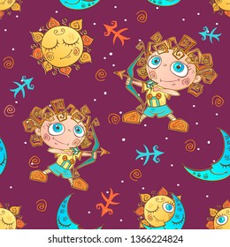 A fun seamless pattern for kids. Zodiac sign Sagittarius. Vector.