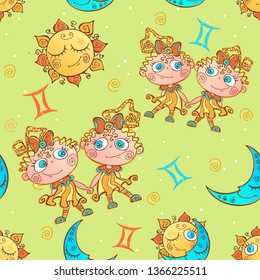 A fun seamless pattern for kids. Zodiac sign Gemini. Vector.