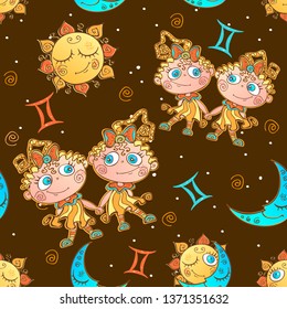 A fun seamless pattern for kids. Zodiac sign Gemini. Vector.