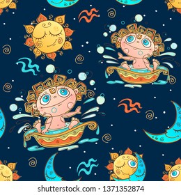 A fun seamless pattern for kids. Zodiac sign Aquarius. Vector.