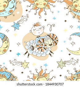 A fun seamless pattern for kids. Zodiac sign Aries. Vector.