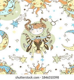 A fun seamless pattern for kids. Zodiac sign Taurus. Vector.