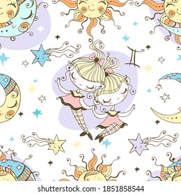 A fun seamless pattern for kids. Zodiac sign Gemini. Vector