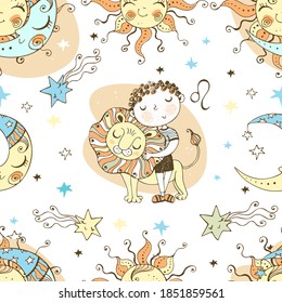 A fun seamless pattern for kids. Zodiac sign Leo. Vector.