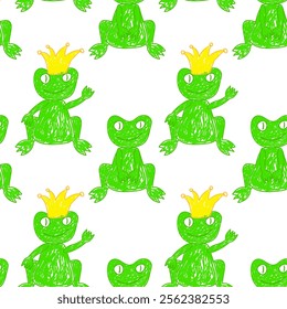 Fun seamless pattern showcasing green frogs, some wearing crowns, in a playful hand-drawn style. Perfect for kids projects, fairytale themes, and whimsical designs.