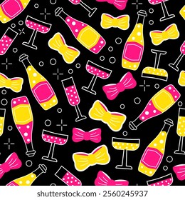 Fun seamless pattern with sparkling wine bottles, champagne glasses, bow ties, sparkles