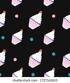 Fun seamless pattern with sweet cupcakes and and dots on the black background. Cute childish ornament for posters, covers, scrapbook, wrapping paper, packing, textile