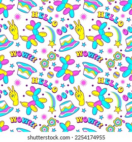 Fun seamless pattern with teen funk panama hat, naive 90's style sunglasses, rave balloon. 00's careless slogans, cool, vibrant rainbow tile background.